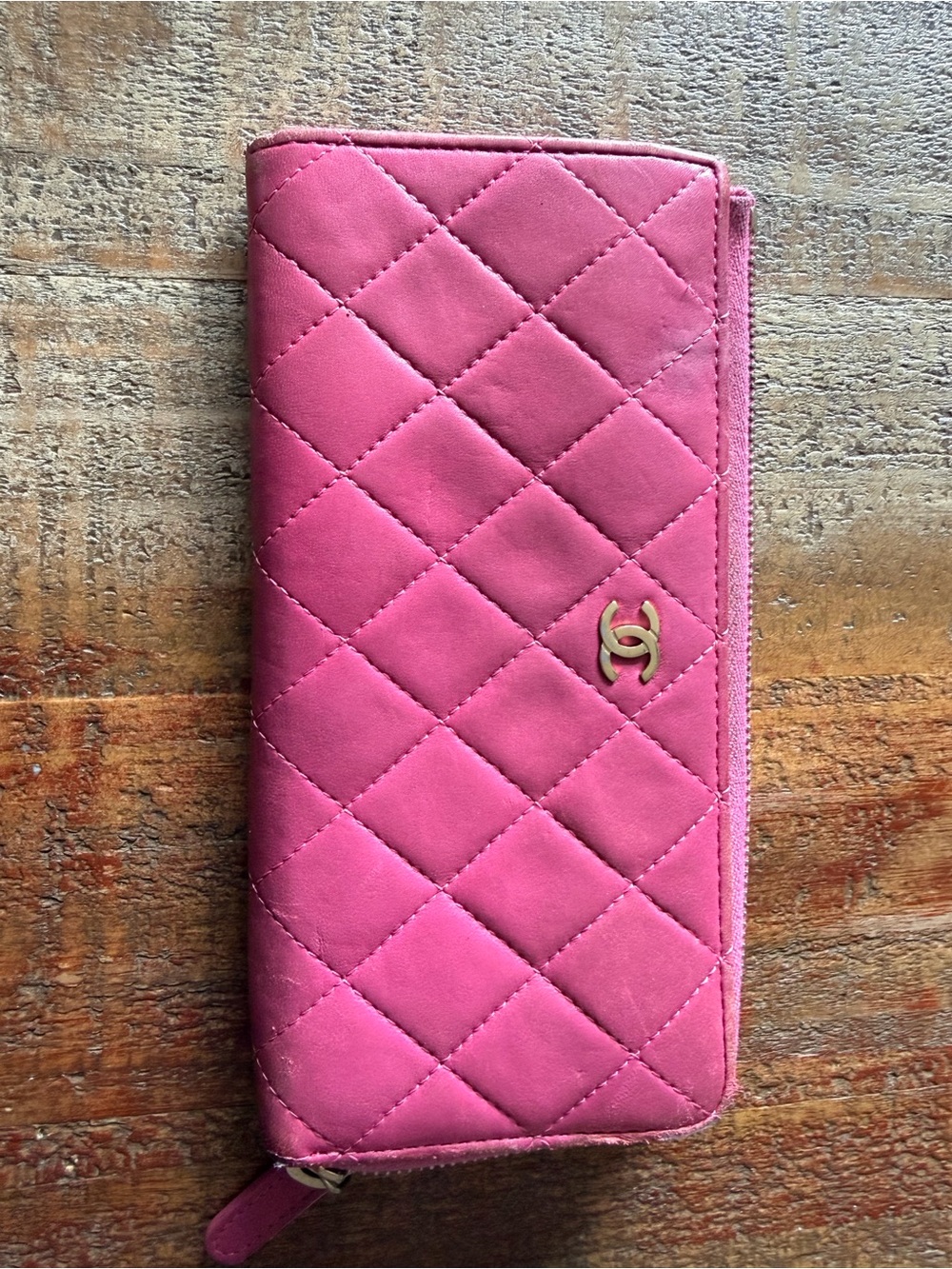 CHANEL Hot Pink Zip Wallet with Gold Logo